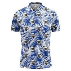 illustrated palm leaf logo repeating tropical polo shirt for men
