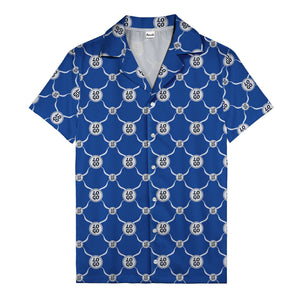 monochrome interlocking circles & logo repeat pattern hawaiian shirt for men