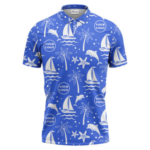 sailboats dolphins palm trees starfish repeat pattern black white polo shirt