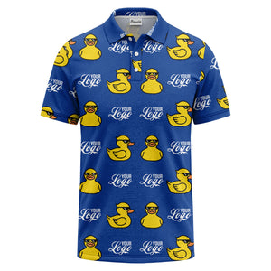 sunglasses rubber duck repeat pattern black yellow fun cartoon golf polo shirt