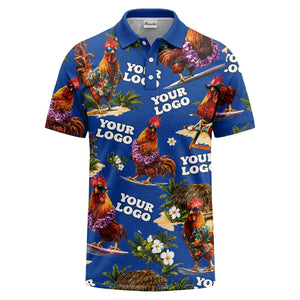 surfing roosters surfboards lei palm trees photorealistic polo shirt