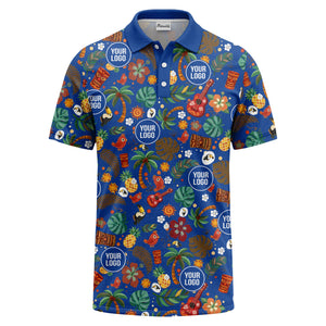 tiki masks palm trees ukuleles watercolor print polo shirt for men