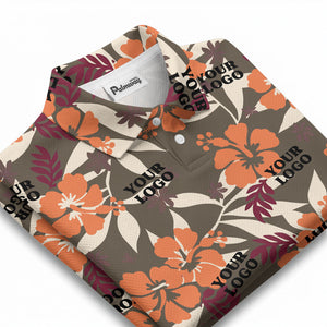 tropical illustrated floral paradise polo shirt bursting with hibiscus and palm leaves