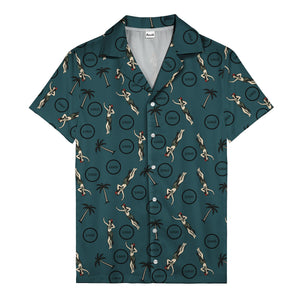 vintage hula dancers palm trees circular logo black hawaiian shirt for men
