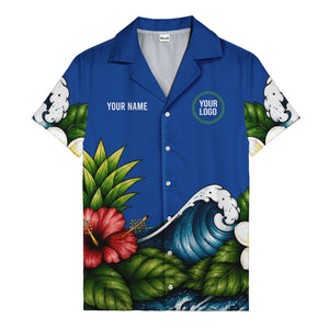 watercolor ocean waves hibiscus blooms palm leaf hawaiian shirt for men