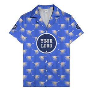 art deco crane silhouette logo beige navy hawaiian shirt