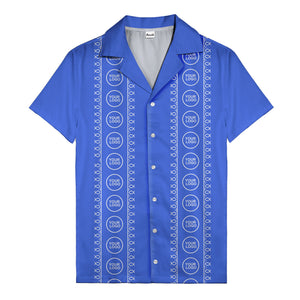 circular logo & fish symbols black hawaiian shirt for men