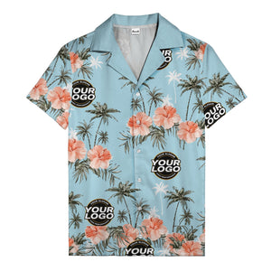 coral pink hibiscus & palm trees on black hawaiian shirt for men