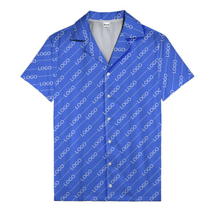 gold diagonal logo repeat pattern on black hawaiian shirt for men
