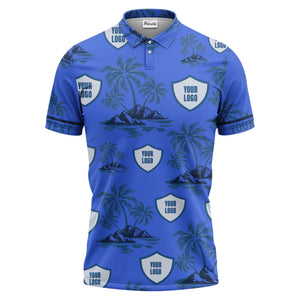 island oasis palm trees & shield logos navy blue tropical polo shirt