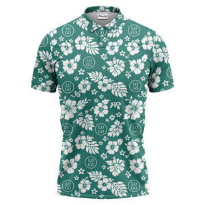 monochrome hawaiian hibiscus flowers & leaves repeat pattern polo shirt