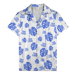 monstera leaves & custom logo repeat black white hawaiian shirt
