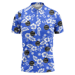 navy blue watercolor hibiscus & custom logo repeat pattern polo shirt