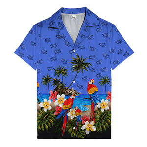 parrot paradise palm trees plumeria beach scene hawaiian shirt