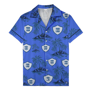 shield logo palm tree island scene navy blue hawaiian shirt for men