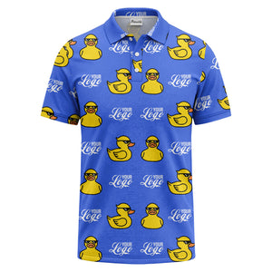 sunglasses rubber duck repeat pattern black yellow fun cartoon golf polo shirt