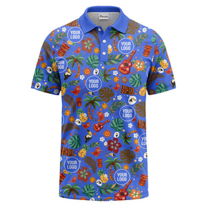 tiki masks palm trees ukuleles watercolor print polo shirt for men