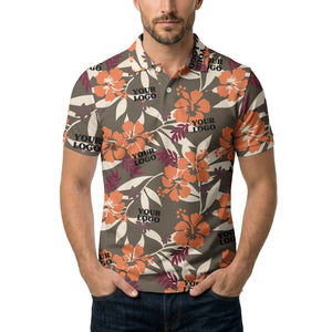 tropical illustrated floral paradise polo shirt bursting with hibiscus and palm leaves