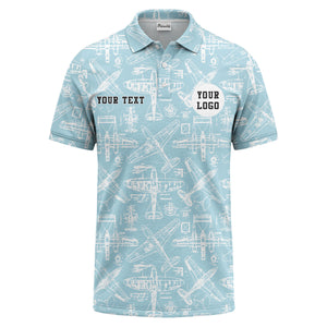 vintage airplane blueprint sketches propeller wings polo shirt for men