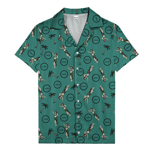 vintage hula dancers palm trees circular logo black hawaiian shirt for men