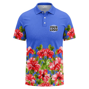 watercolor hibiscus & emerald leaf tropical polo shirt for men