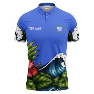 watercolor ocean wave palm leaf hibiscus floral navy blue polo shirt for men