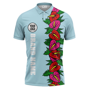 anthurium & emerald leaf stripe coral red polo shirt for men