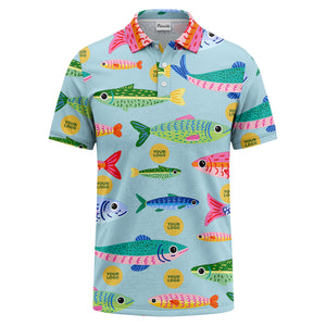 colorful cartoon fish & custom logo repeat all-over print polo shirt