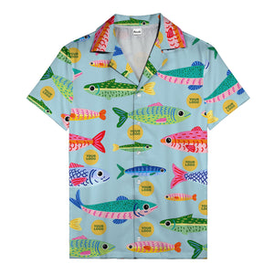 colorful cartoon fish & gold circle logo hawaiian shirt for men