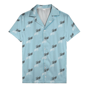 hand-drawn calligraphic script logo repeat black white hawaiian shirt for men