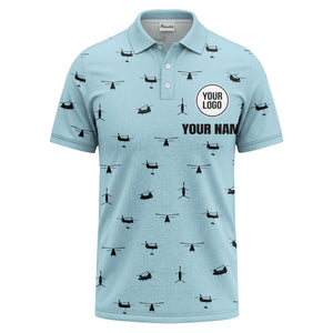 helicopter silhouette repeat pattern custom logo men's aviation polo shirt