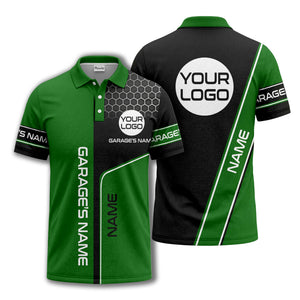 hexagonal grid garage name logo modern automotive polo shirt