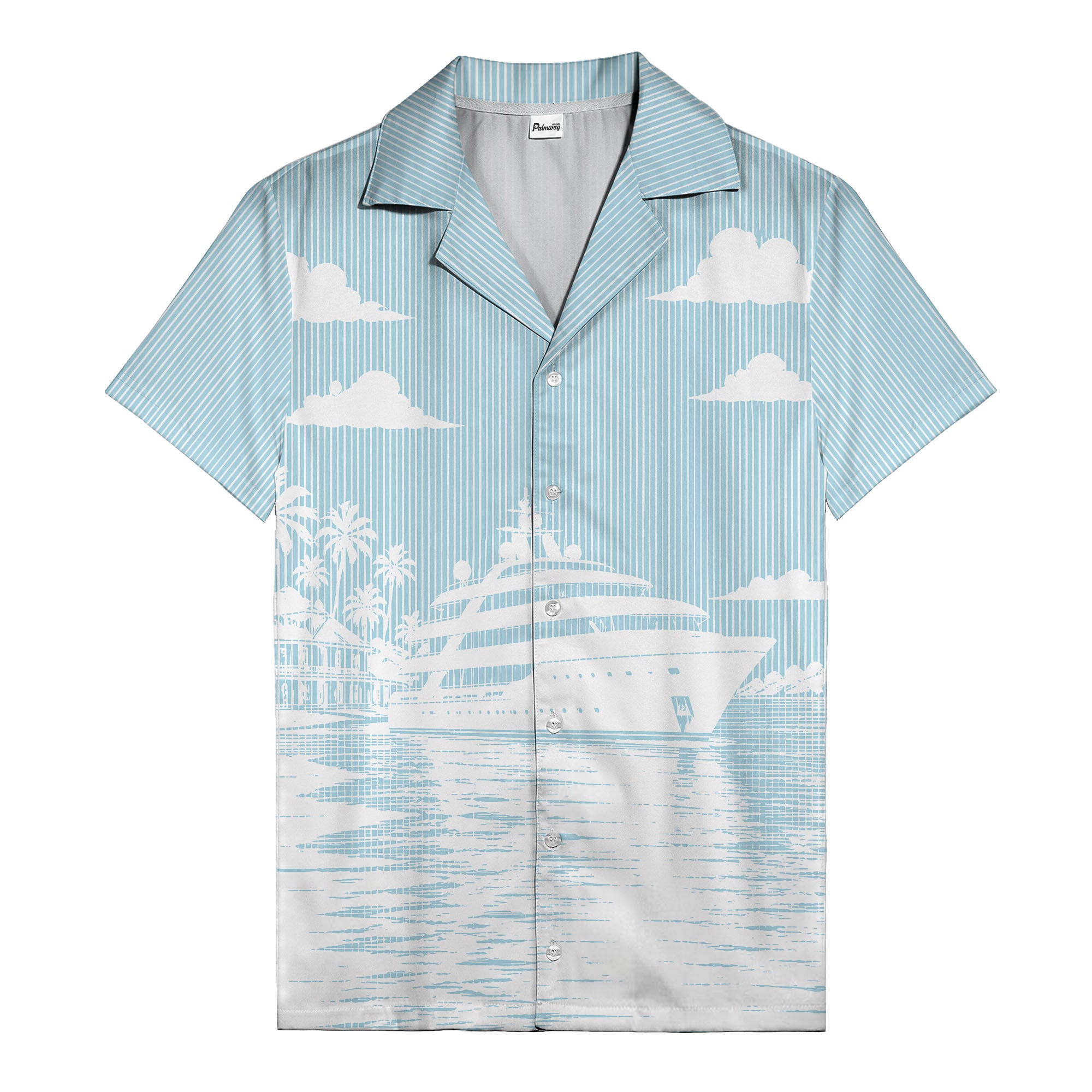 luxury yacht & palm trees tropical beach scene hawaiian shirt