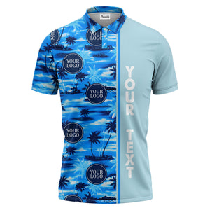 oceanic palm trees & circular logo repeat navy blue tropical beach polo shirt