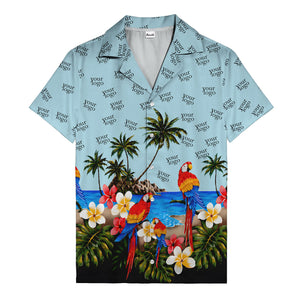 parrot paradise palm trees plumeria beach scene hawaiian shirt