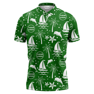 sailboats dolphins palm trees starfish repeat pattern black white polo shirt