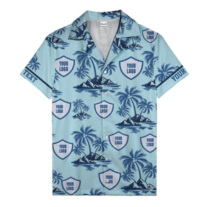 shield logo palm tree island scene navy blue hawaiian shirt for men
