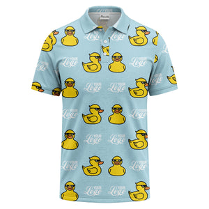 sunglasses rubber duck repeat pattern black yellow fun cartoon golf polo shirt