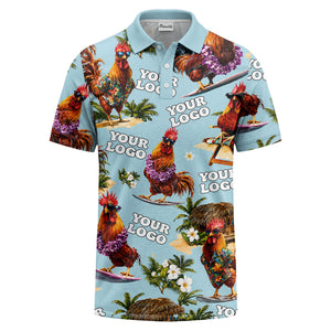 surfing roosters surfboards lei palm trees photorealistic polo shirt