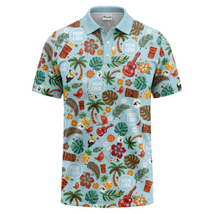 tiki masks palm trees ukuleles watercolor print polo shirt for men