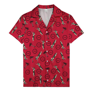 vintage hula dancers palm trees circular logo black hawaiian shirt for men