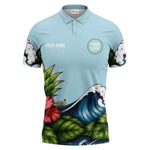 watercolor ocean wave palm leaf hibiscus floral navy blue polo shirt for men