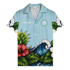 watercolor ocean waves hibiscus blooms palm leaf hawaiian shirt for men