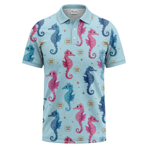 watercolor seahorse repeat marine life polo shirt in pink blue