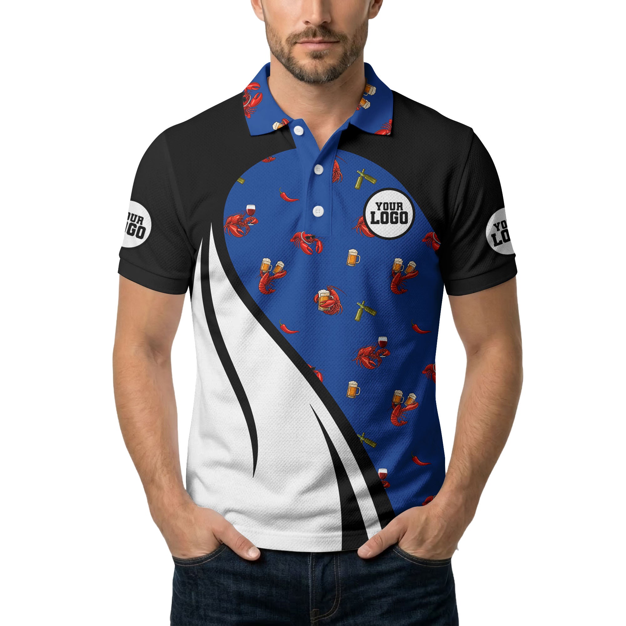 Custom Crawfish & Beer Polo Shirt – Personalized Logo Color Block Design, Multiple Colors