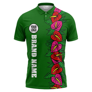 anthurium & emerald leaf stripe coral red polo shirt for men