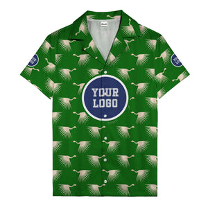 art deco crane silhouette logo beige navy hawaiian shirt