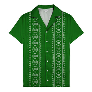 circular logo & fish symbols black hawaiian shirt for men