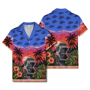 cruise ship sunset palm trees hibiscus flowers hawaiian shirt for men