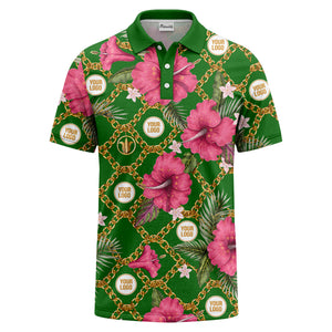 gold chain & pink hibiscus luxury illustrated polo shirt for men